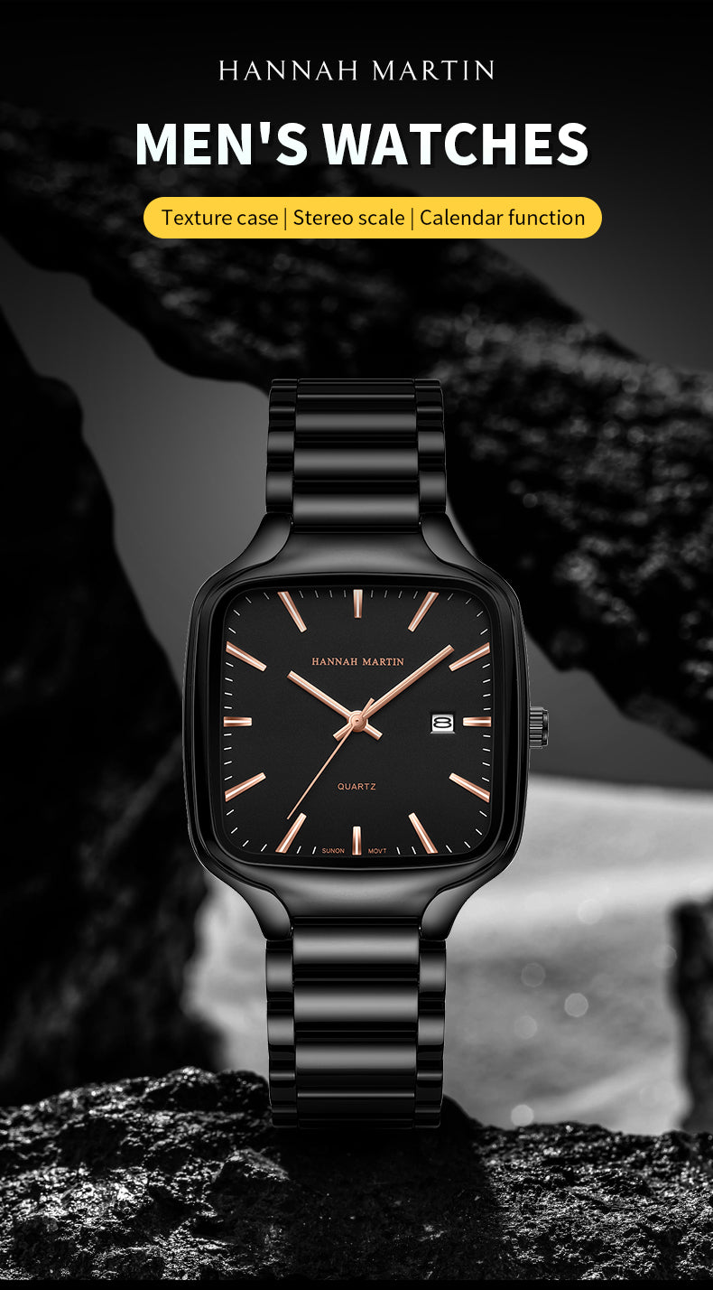 HM1691 English feature overview showing the square watch and date window