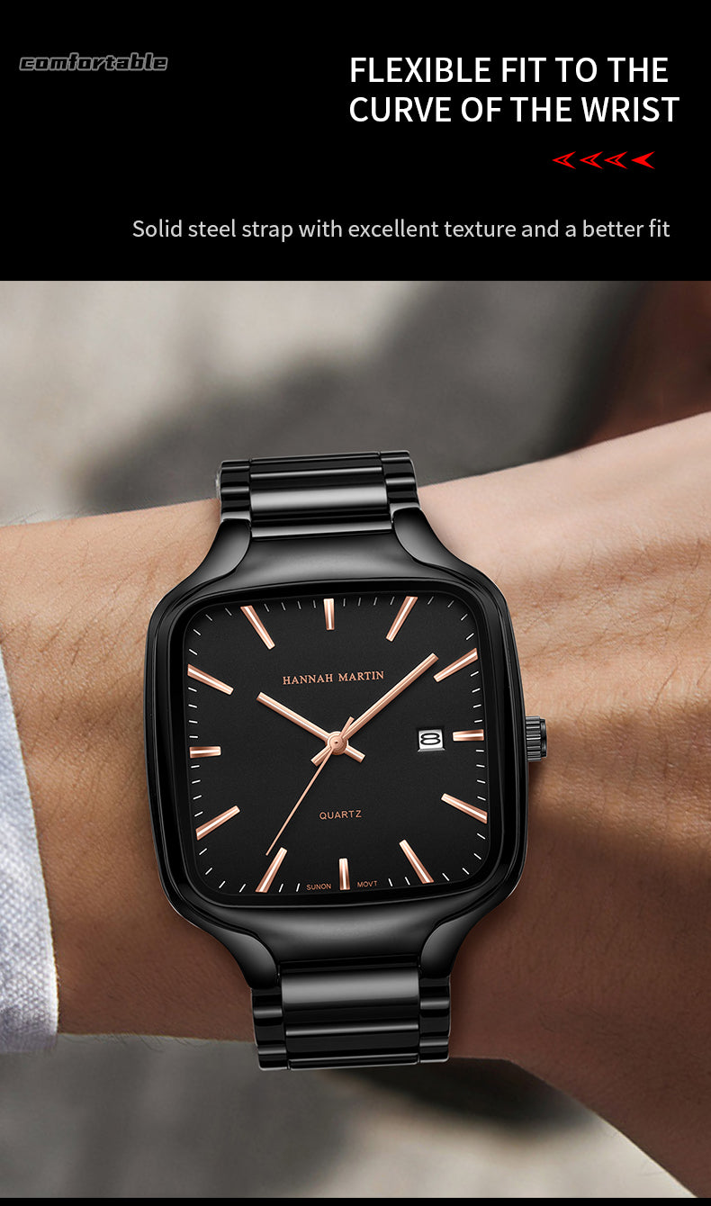 HM1691 English bracelet detail showing the black and rose-gold-tone watch on a wrist