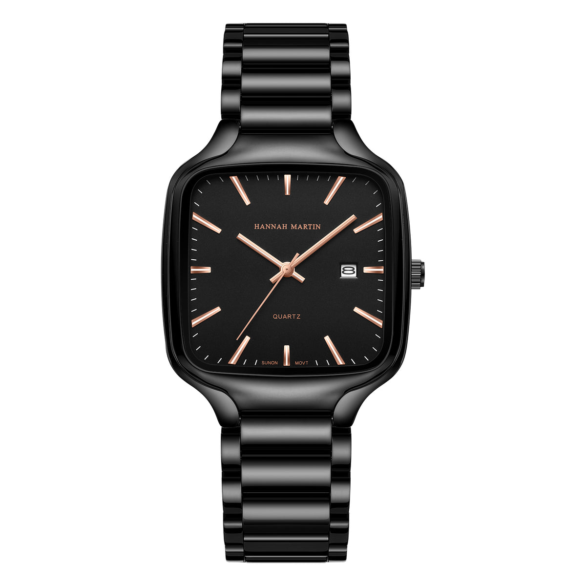 HANNAH MARTIN HM1691 black watch with rose-gold-tone hands and markers, front view