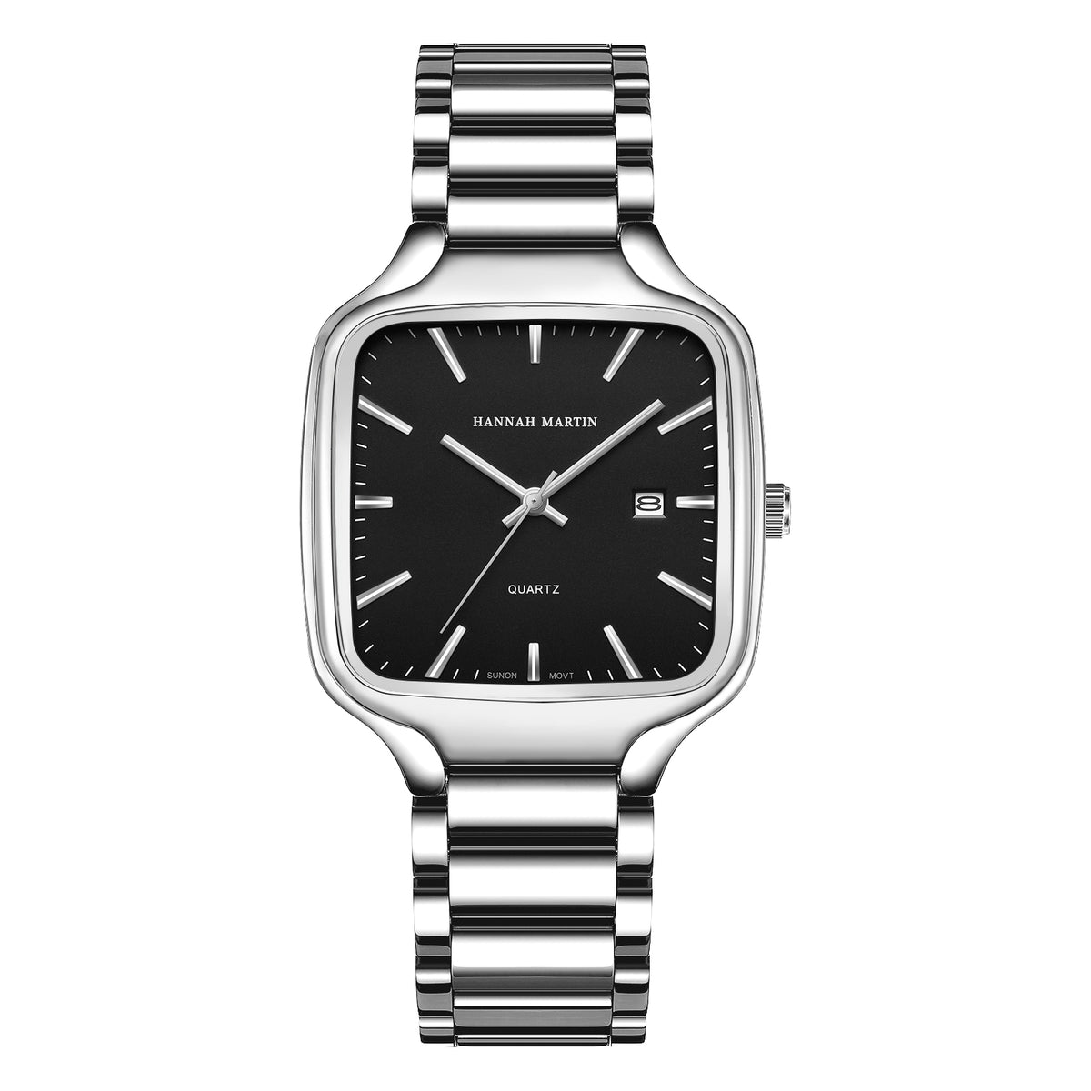 HANNAH MARTIN HM1691 silver-tone watch with black dial, front view