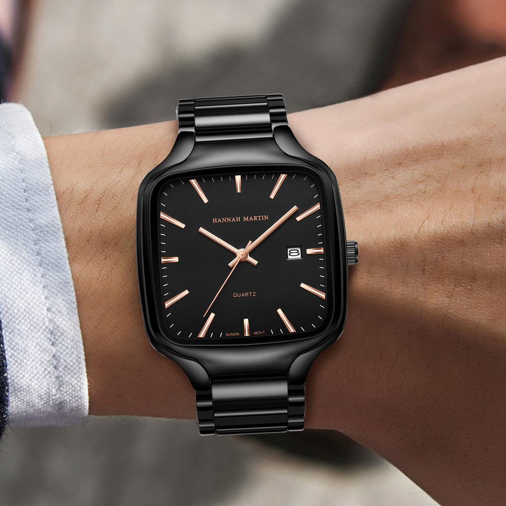 Front wrist view of HM1691 black watch with rose-gold-tone hands