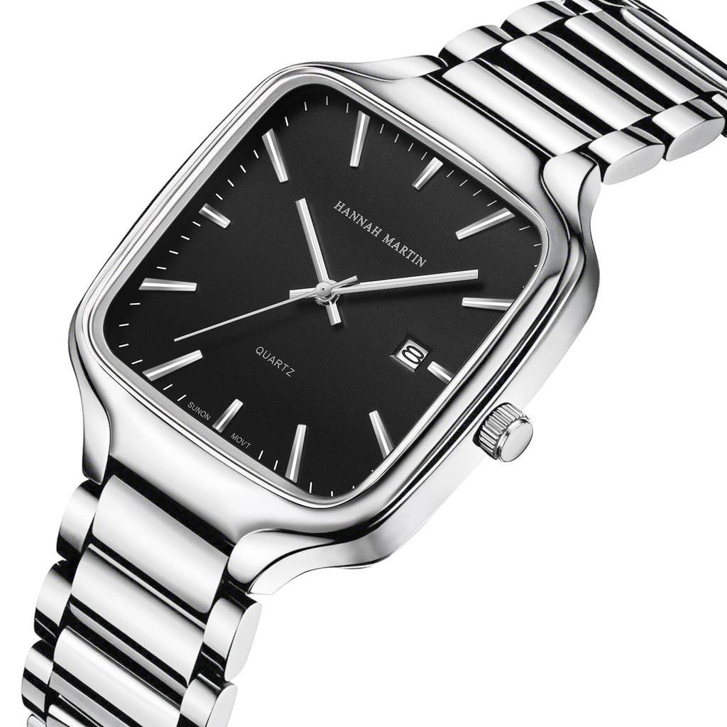 Angled close-up of HM1691 silver-tone watch with black dial