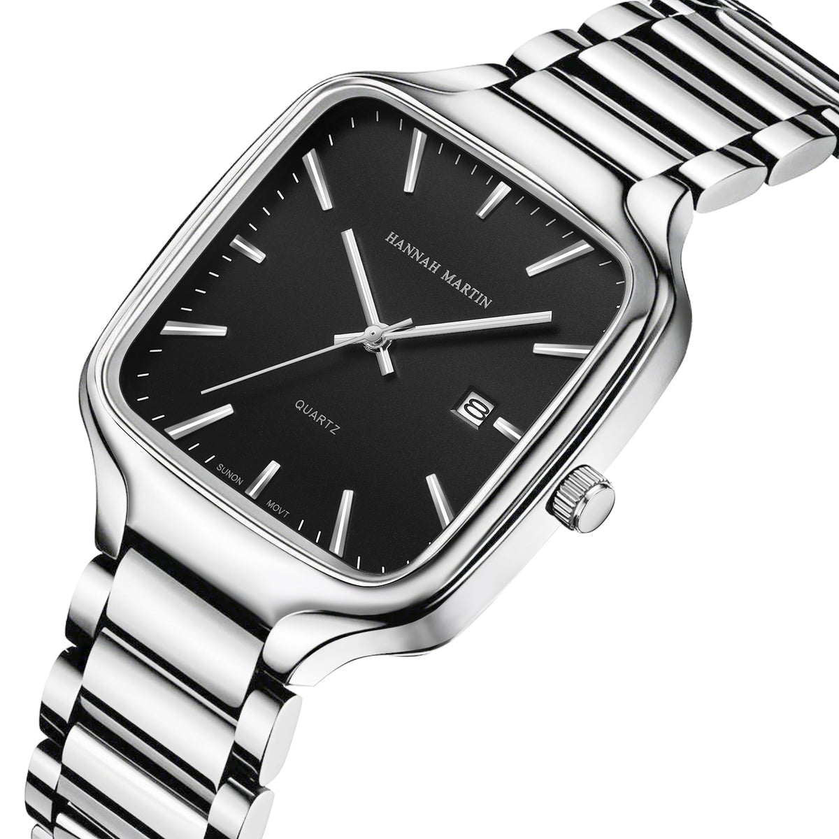 Angled close-up of HM1691 silver-tone watch with black dial