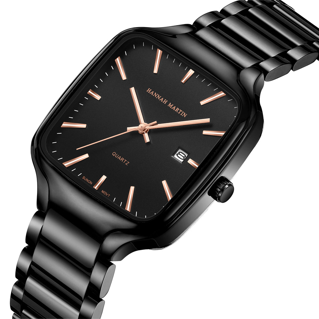 Angled close-up of HM1691 black watch with rose-gold-tone hands and markers