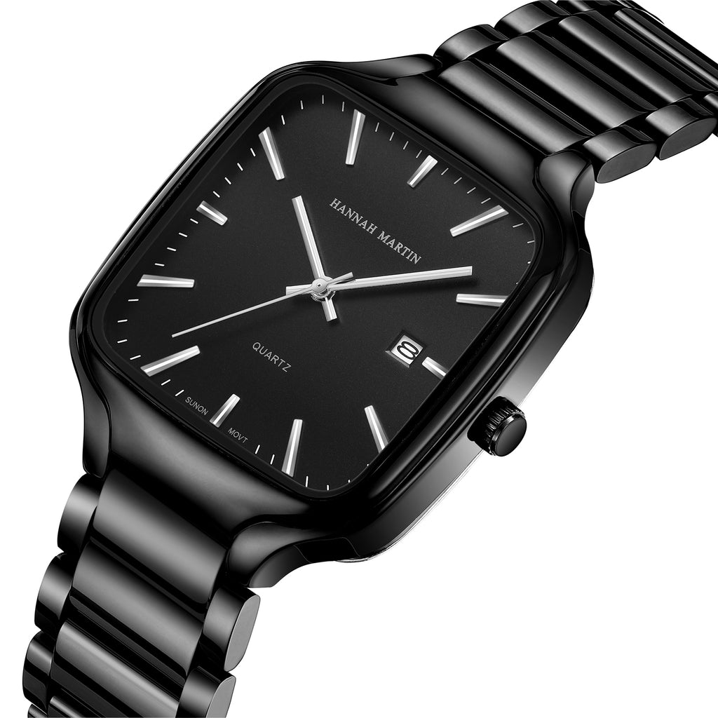Angled close-up of HM1691 black watch with silver-tone hands and markers